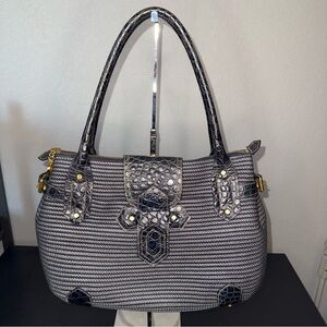 Eric Javits Shoulder Bag Navy Raffia Straw Leather Large Tote GUC